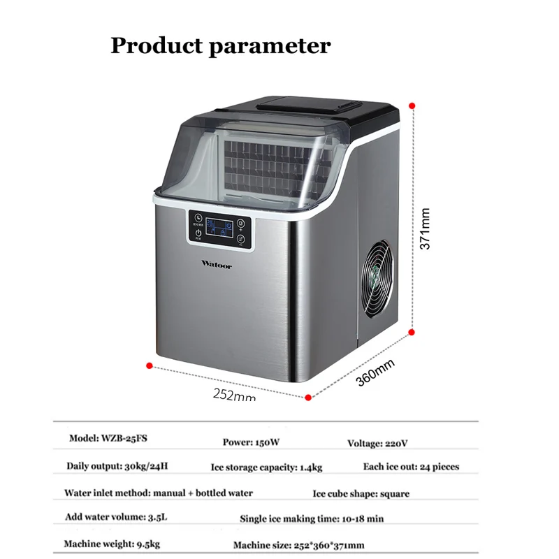 PBOBP Ice Maker Electric Commercial Ice Cube Maker Household Multifunctional Bottled Water Automatic English Panel 30KG 220V