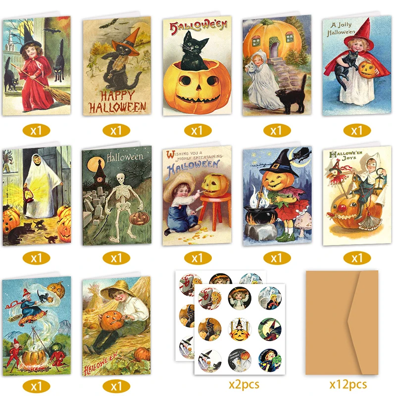 

12 шт., тема Хэллоуина, тыква, ретро, рукописные открытки, наклейки, конверты, поздравительные открытки, вечерние приглашения, украшения