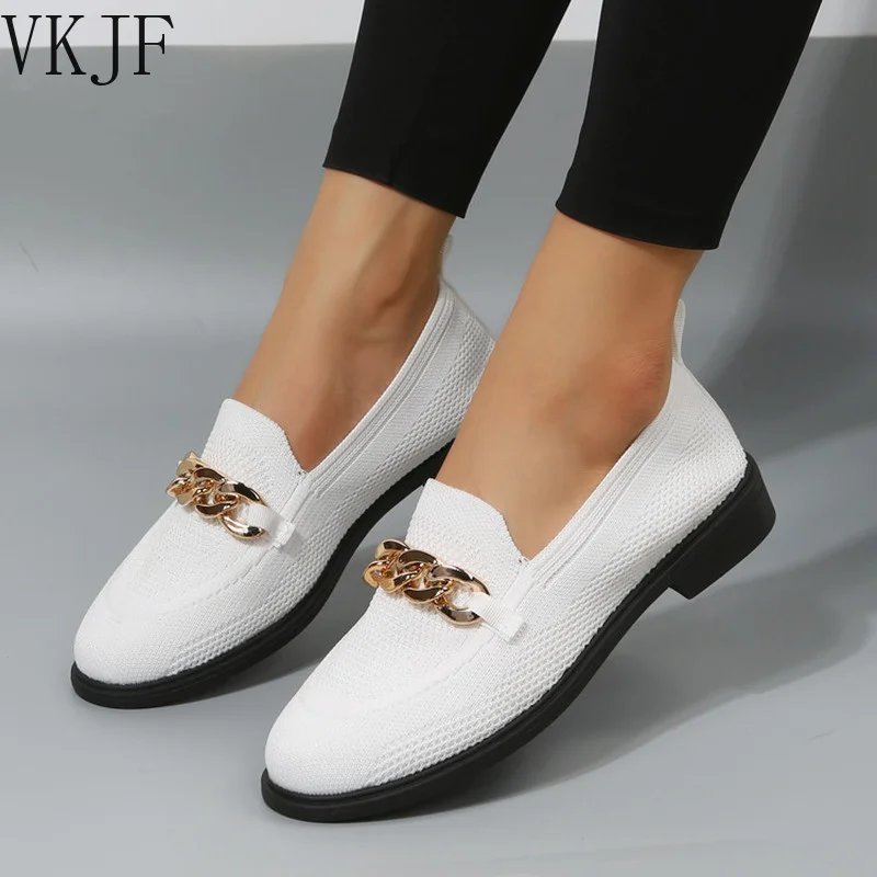 Autumn Fashion Flat Shoes Women Quality Metal Slip on Loafer Shoes Ladies Flats Mocassins Big Size 36-42 Zapatillas Mujer 2023