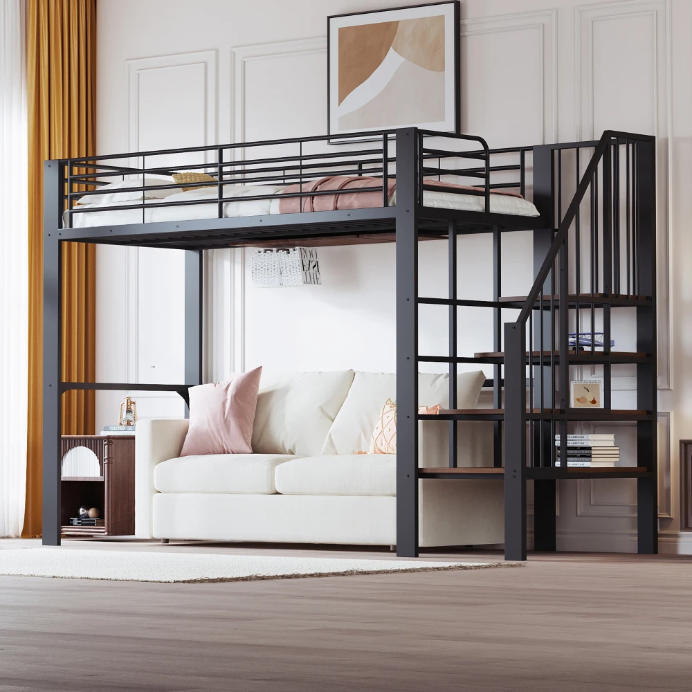Stabiles Hochbett aus Metall, 90 x 200 cm/140 x 200 cm, mit geräumigem Stauraum unter dem Bett und Treppe für Kinder und Erwachsene, Bettgestelle und -gestelle – Detail 39