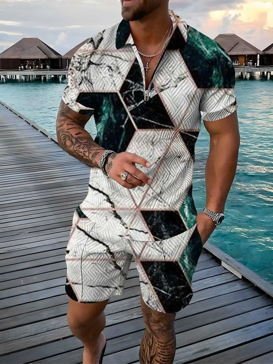 Men's Golf Shirt Zip Polo Short Sleeve + Shorts 2 Piece Set 2022 Summer Lapel Fashion Geometric 3D Print Set