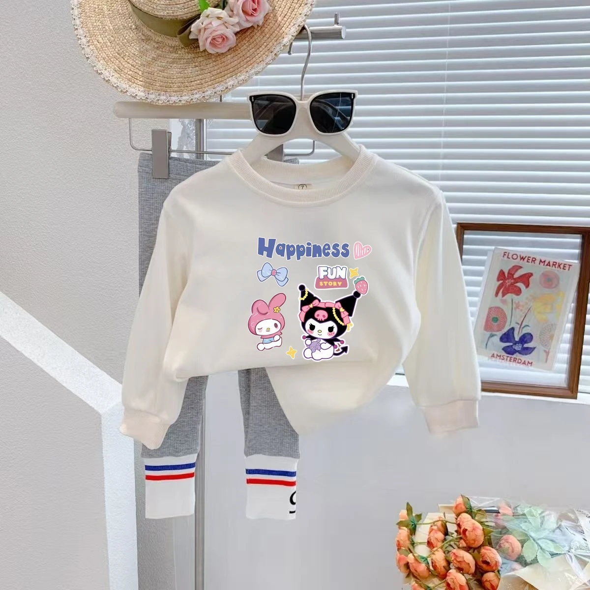 

Autumn Baby Girls Solid Cotton Clothes Set Kid Sanrio Kuromi Printed Sweatshirts Top and Knitted Legging Pants 2 Piece Suit
