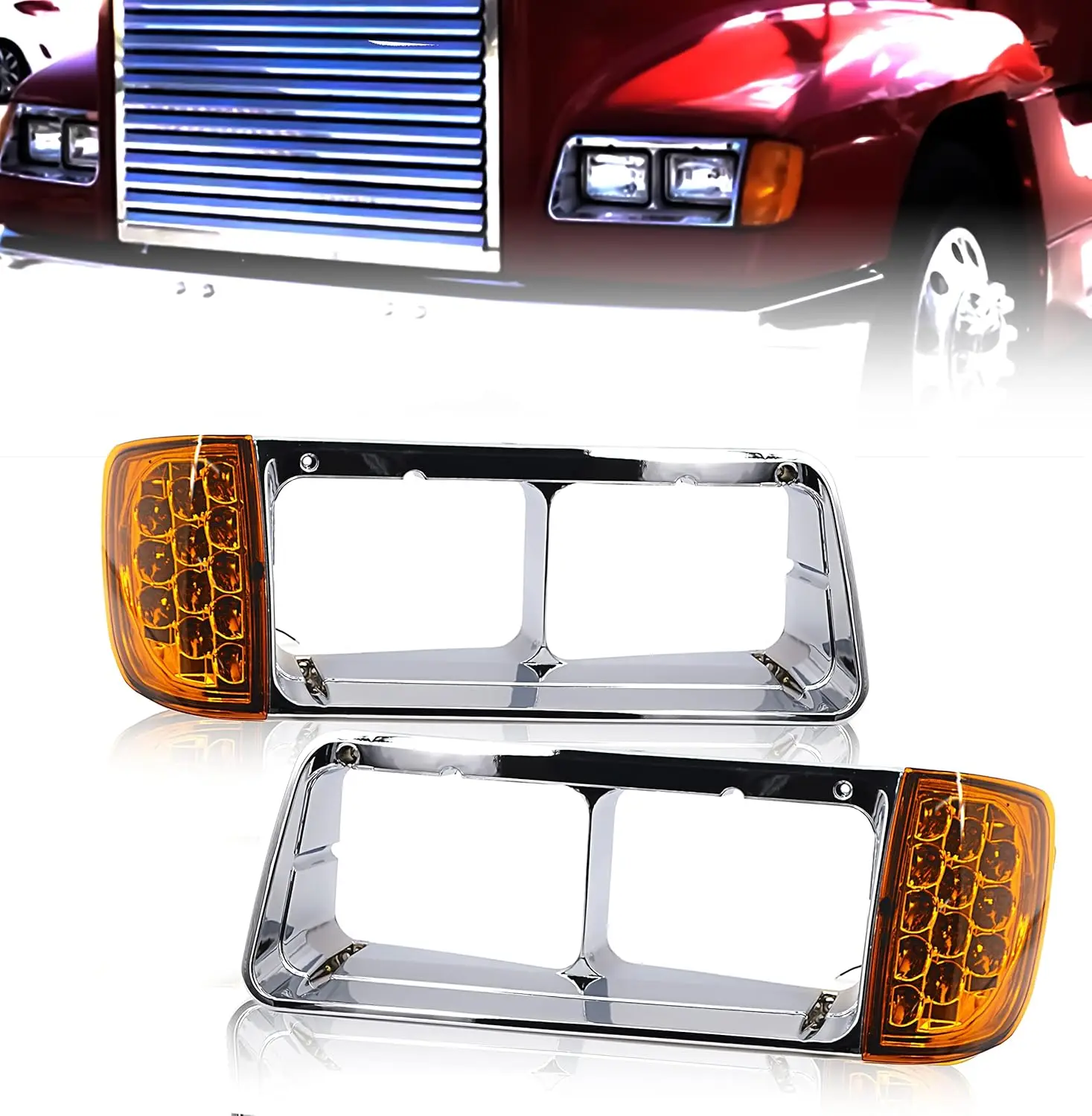 

Replacement Headlight Bezel Pair with Amber LED Turn Signal for Freightliner FLD Trucks 1989-2002, DOT SAE Approved, 3-Wire Set