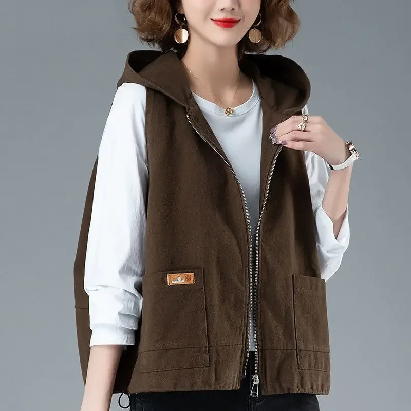 Hooded Vest Jacket For women 2026 Spring Autumn New Korean version Loose Sleeveless Zipper Coat Female Short Casual Vest Top