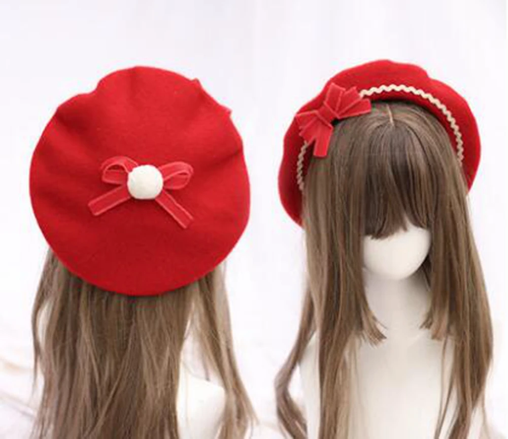 Cute Lolita Beret Hat Women Girl Casual Fashion Korea Wool Bowknot Cap