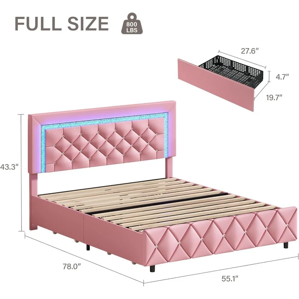 Full Size Bed Frame with LED Lights, with Storage Drawers, Princess Platform Bed with Diamond Headboard and Footboard, Pink