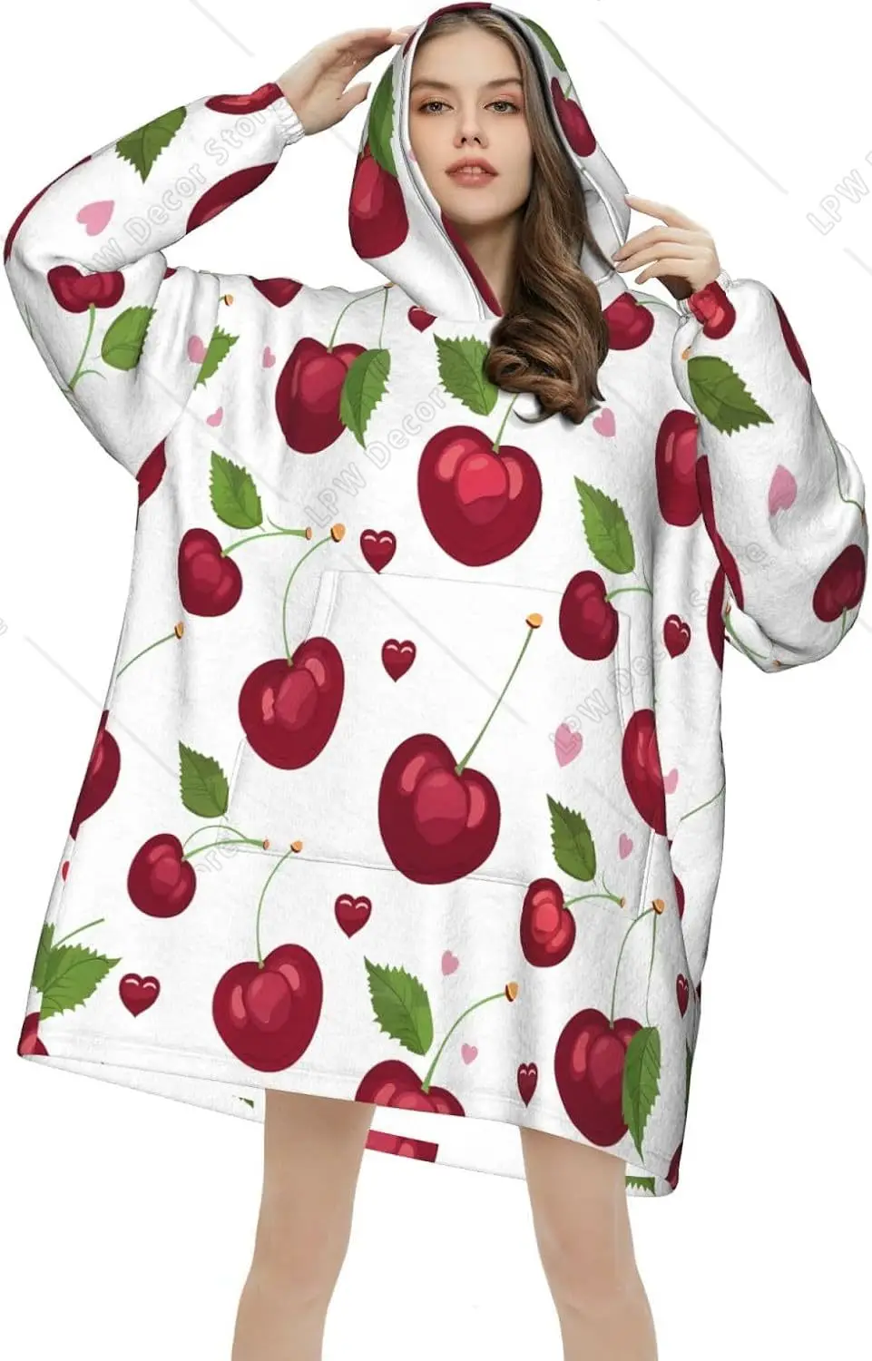 Summer Cherry Fruit Pattern Wearable Blanket Hoodie Oversized Sweatshirt Blanket Cozy Warm Sherpa Hooded Blanket