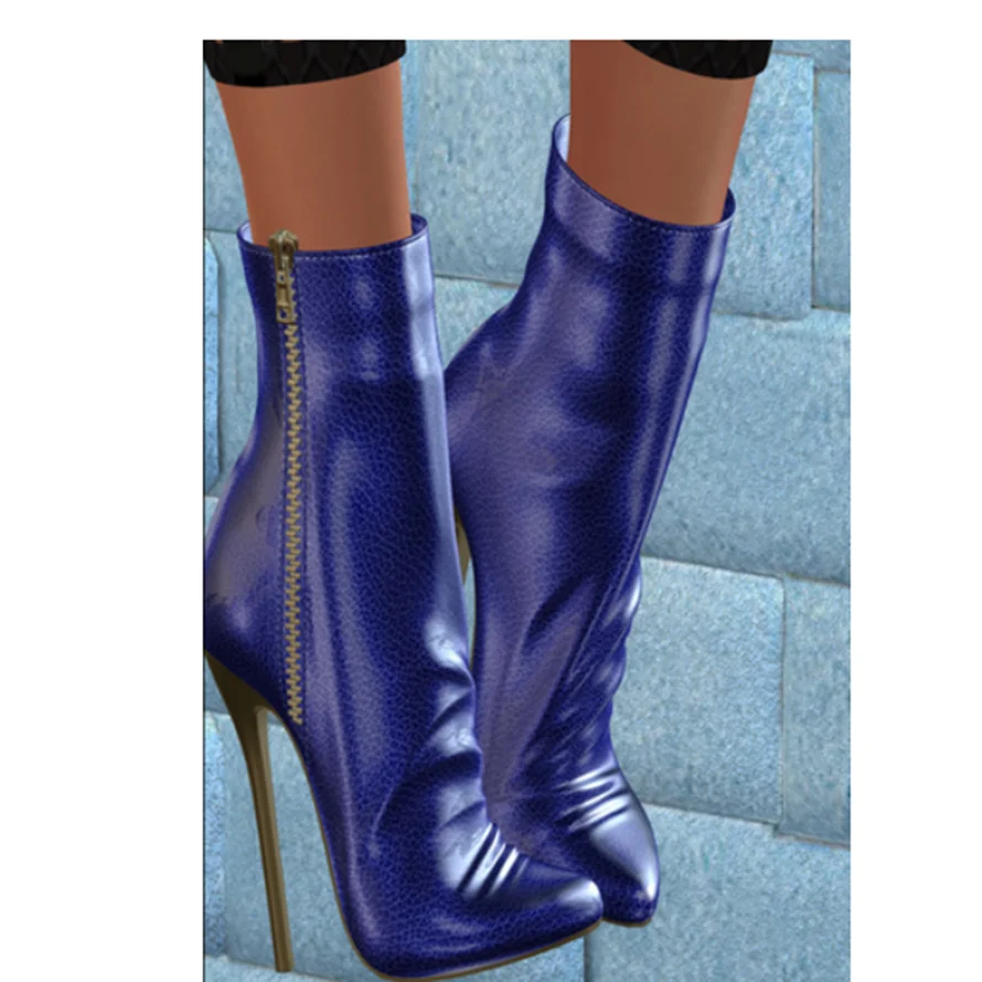 

Blue Mid Calf Zipper Leather Boots Thin High Heel Pointed Toe Fashion Sexy 2025 Winter Big Size Woman Shoes Zapatillas Mujer