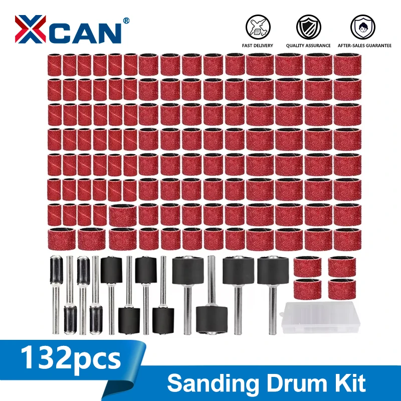 XCAN 132 Stück Schleiftrommel-Set, Körnung 80, Schleifbänder, 1/4 3/8 1/2 Dorne, für Dremel-Zubehör, Drehwerkzeug