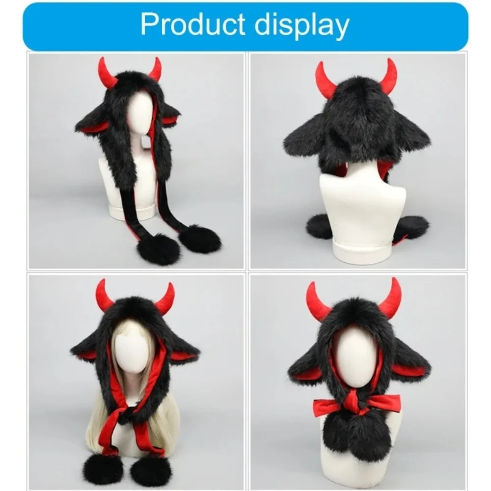 Alta calidad con cuernos de felpa Yak Ear Hat grueso y esponjoso Bullhead Hat a prueba de viento con capucha Skull Hat Unisex