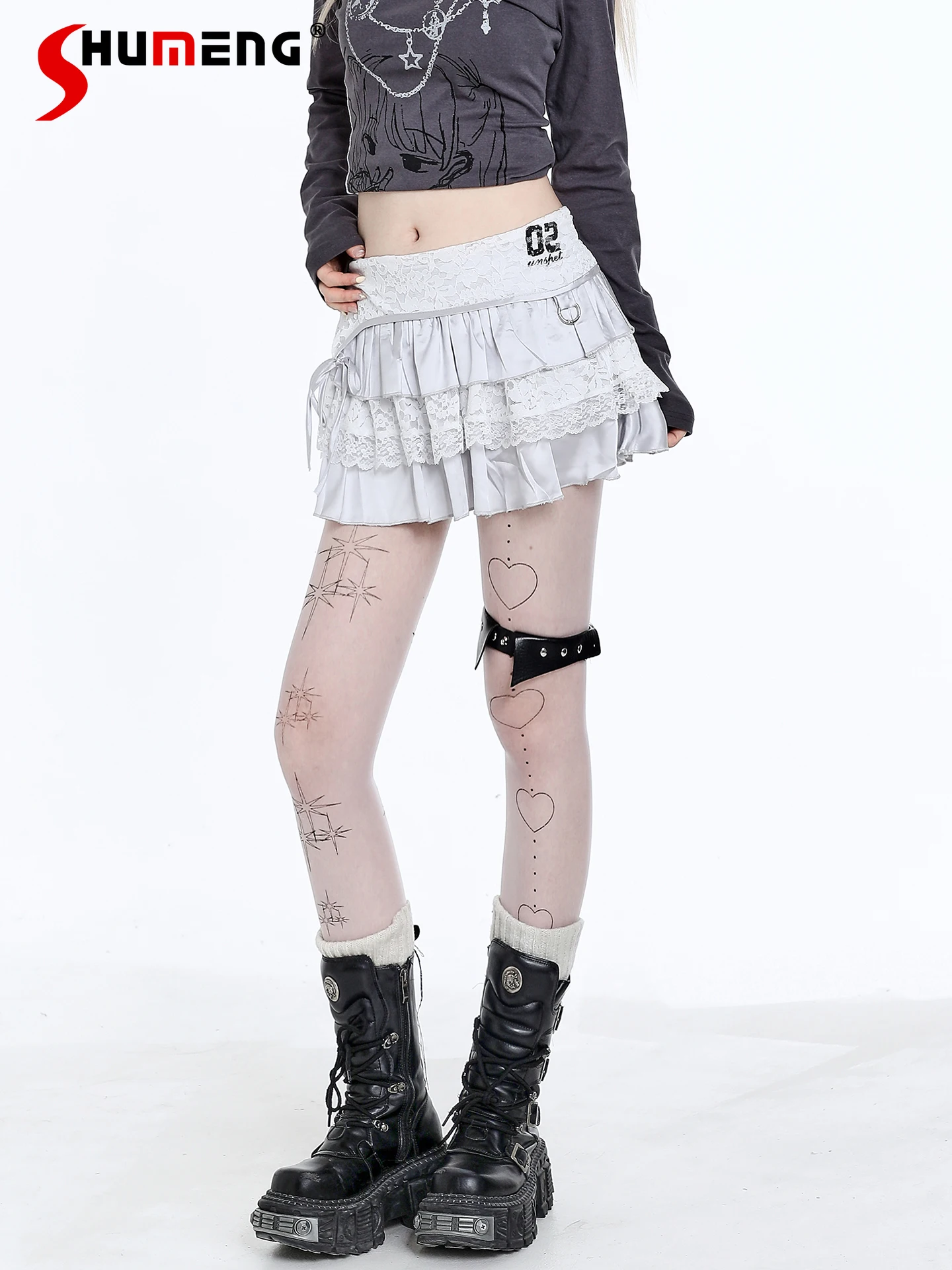 

Fashion Sweet Cool Ballet Style Lace Patchwork Y2K Cake Skirts High Waist Slim A-line Lace-up Pleated Short Skirt Women Summer