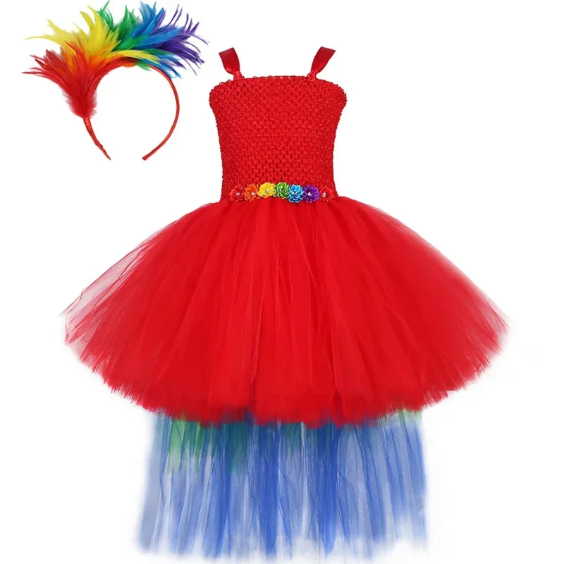 Macaw Parrot Costume for Girls High Low Princess Dresses with Rainbow Feather Headband Flower Girl Layered Trailing Tutus Outfit