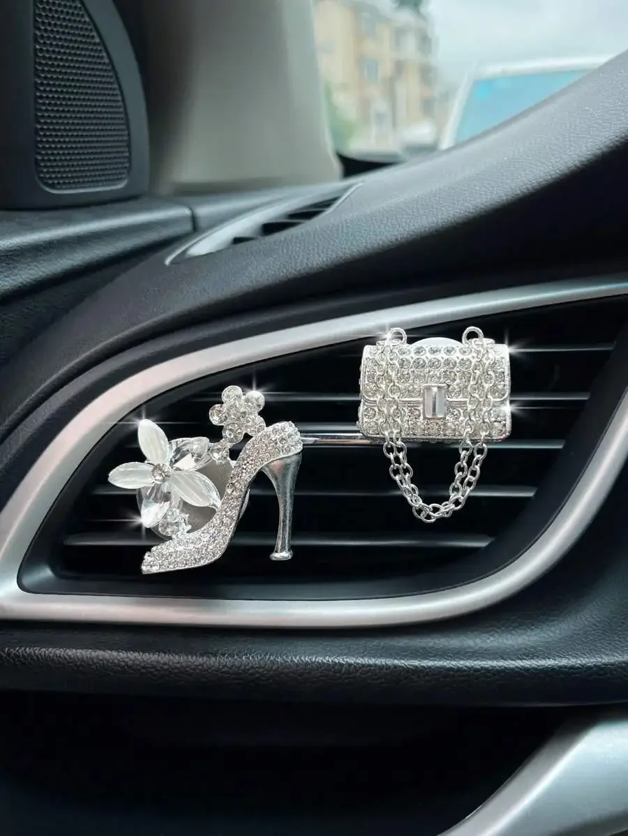 

2pcs Rhinestone High Heel And Handbag Car Air Vent Decor Ornament