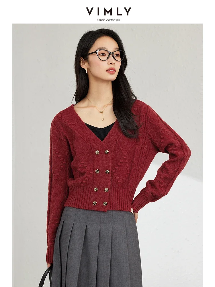 VIMLY Women's Simple Casual Knitted Sweater Autumn New Red O-Neck Long Sleeve Office Lady Small Fragrant Cardigan Tops Jacket