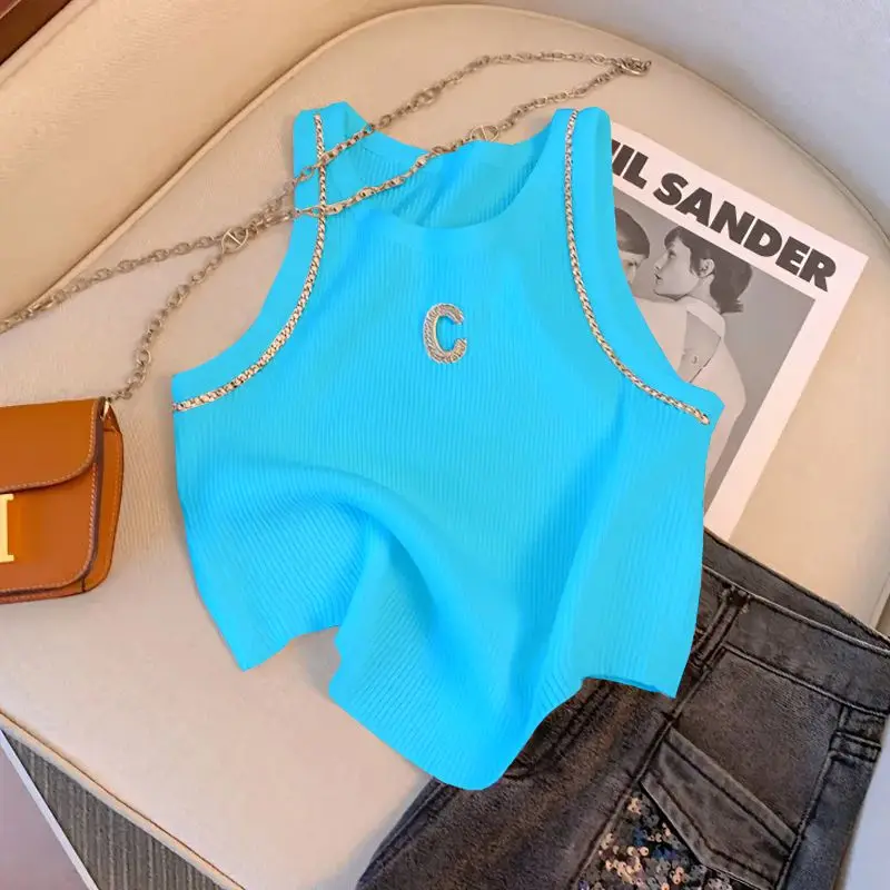 Top francés sin mangas para mujer, camisola blanca elegante, minichaleco con letras Ins y abalorios, novedad de 2023