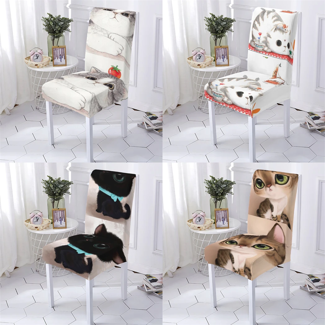 Animal Style Chairs Covers Stretch Chair Cover Cartoon Cat Pattern Elastic High Back Spande Chair Cover For Dining Room Kitchen