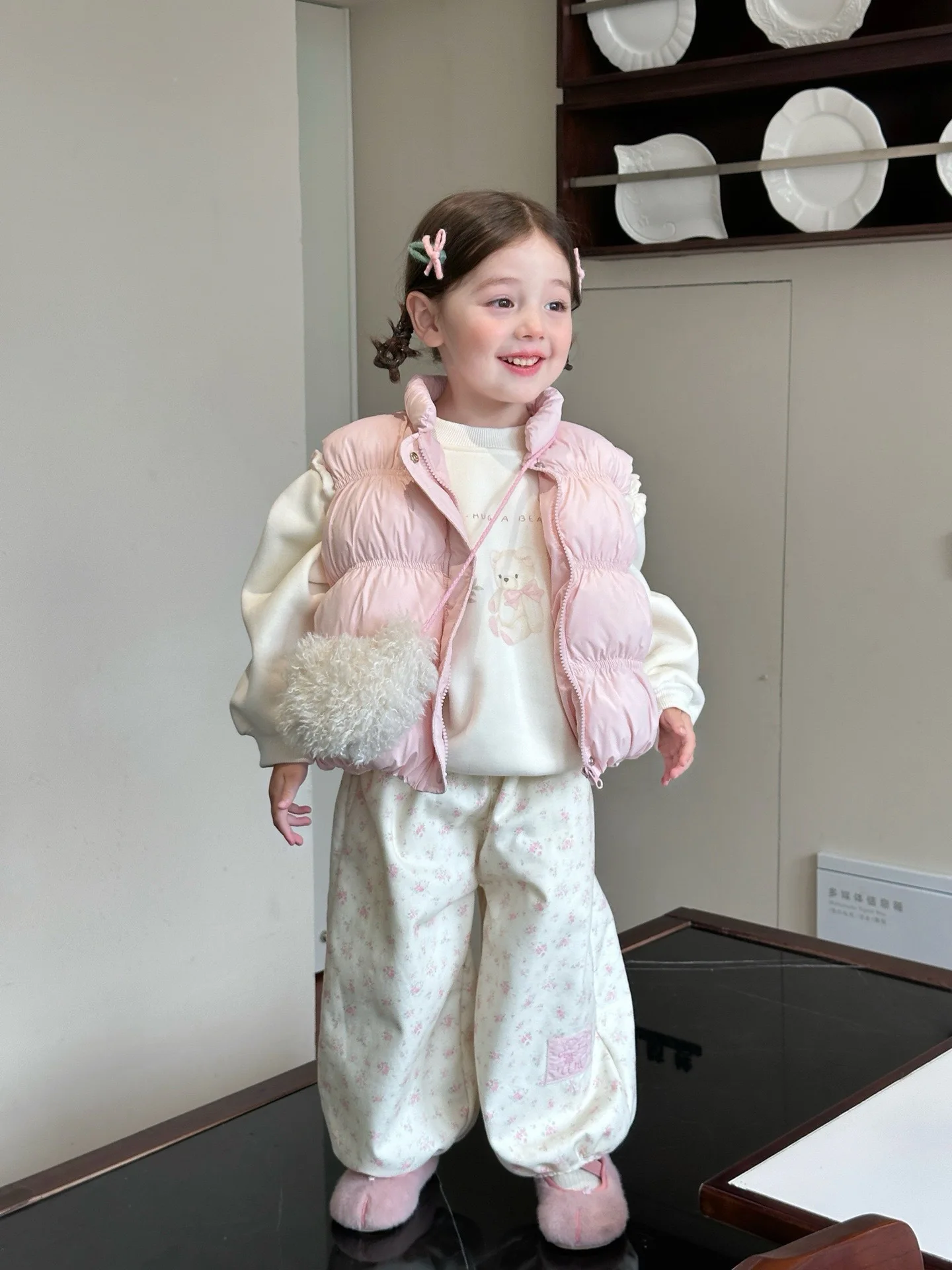 2024 Winter New Girls Children Clothing Korean Style Sweet Solid Color Warm Sweatshirt Plus Casual Pants Set
