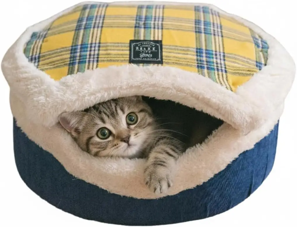 

Лежанка-пещера для кошек – утепленное уединенное убежище с отстегивающейся крышкой и матрасом, закрытый домик для котят и кошек (желтый)