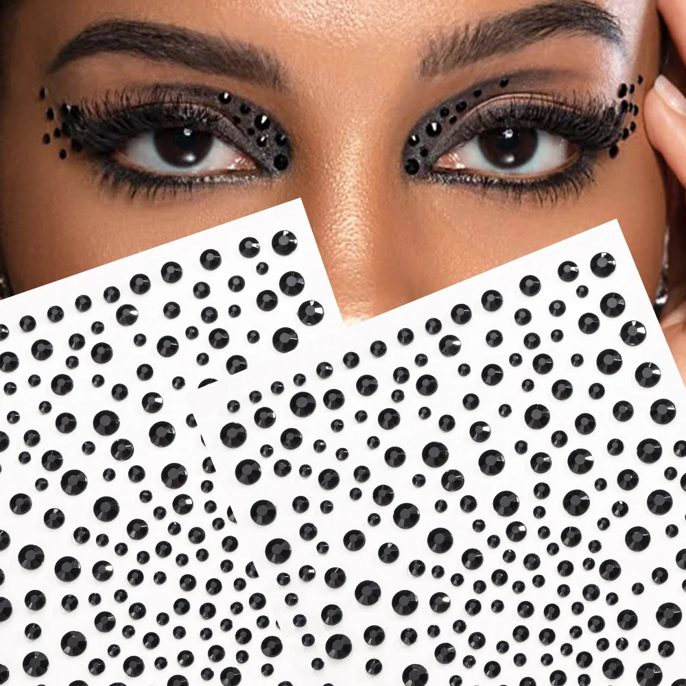 1pcs Black 3D Rhinestone Face Stickers Makeup Festival Jewel Rhinestone Adhesive Temporary Tattoo DIY Gem Stickers for Halloween