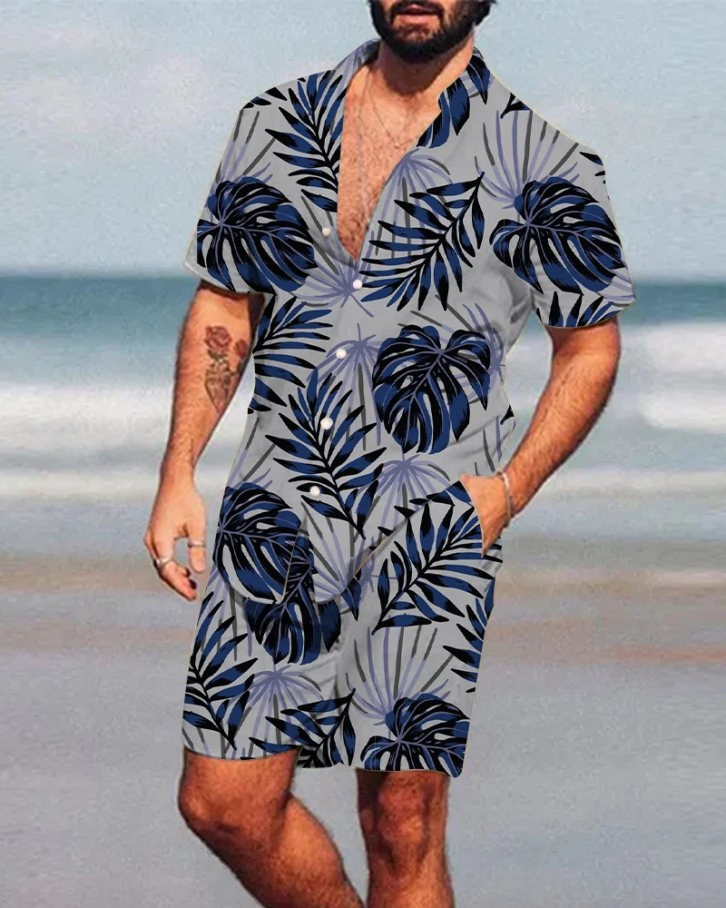 Summer Beach Party Men\'s Casual Shirt Outdoor Sports Men\'s Shorts Men\'s Hawaii Short Sleeve Shirt and Beach Shorts Set