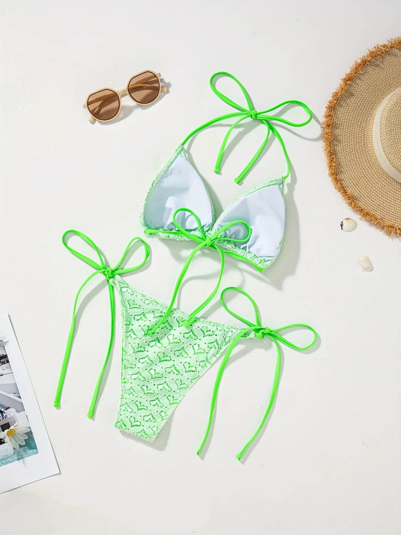 2026 New Women's Green Heart Lace Bikini Set Sexy Tie Side Triangle Swimsuit Two Piece Bathing Suit - Image 4