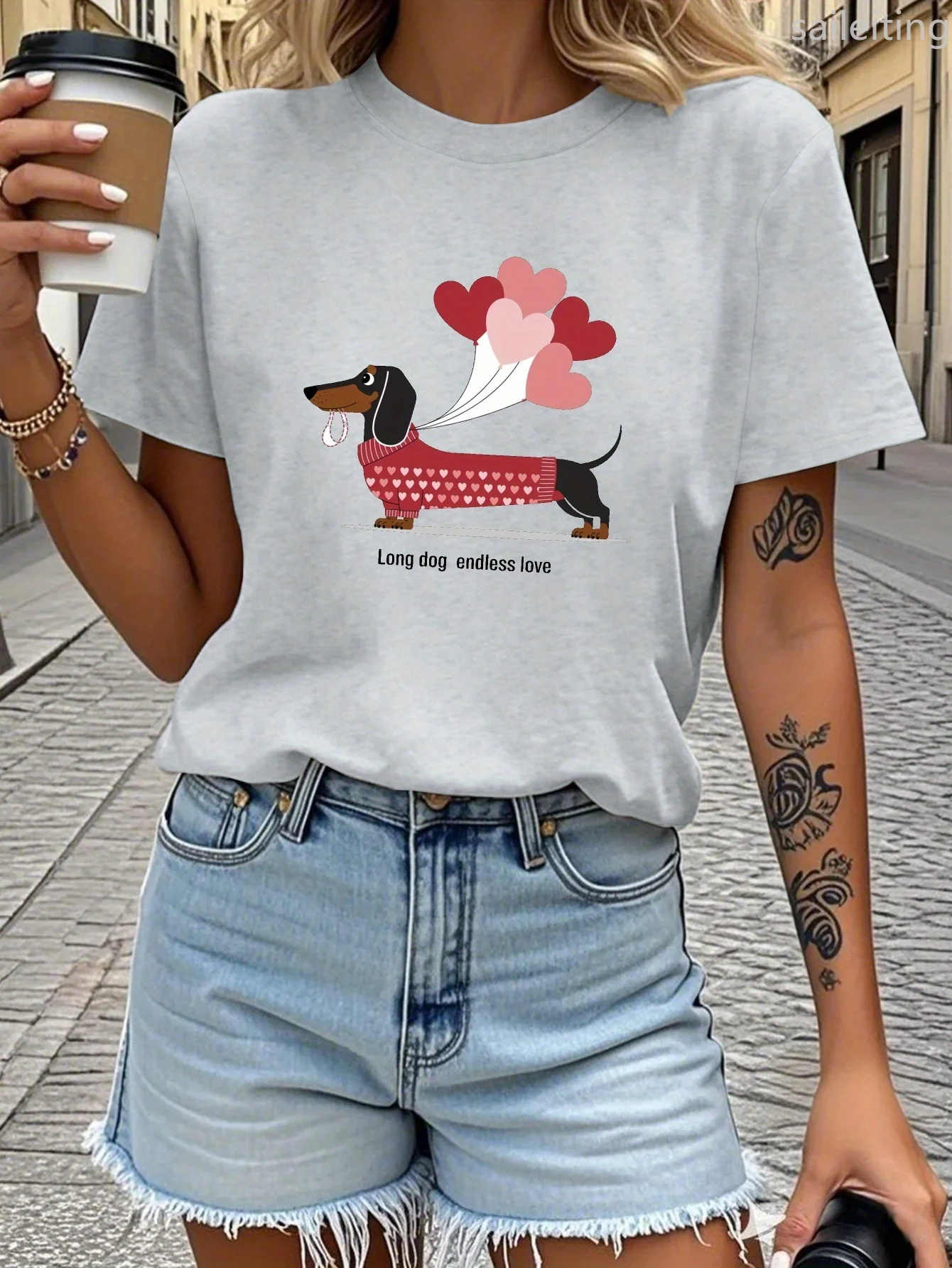 Teediy Dachshund Balloons Long Dog Endless Love Pure Women'S T-Shirt Comfort Women's Harajuku Sleeve Casual Aesthetic Clothes