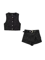 Women Fashion With Gold Buttons Tweed Waistcoat And High Waist With Belt Shorts Skirts Female Two Piece Sets Mujer