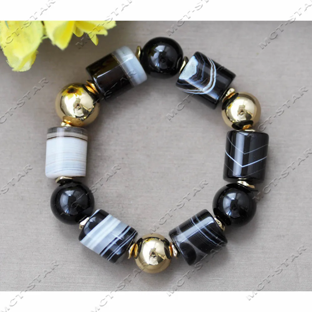 

Z14244 Stretchy 8" 18mm Cylinder Striped Round Agate Golden Ball Bracelet