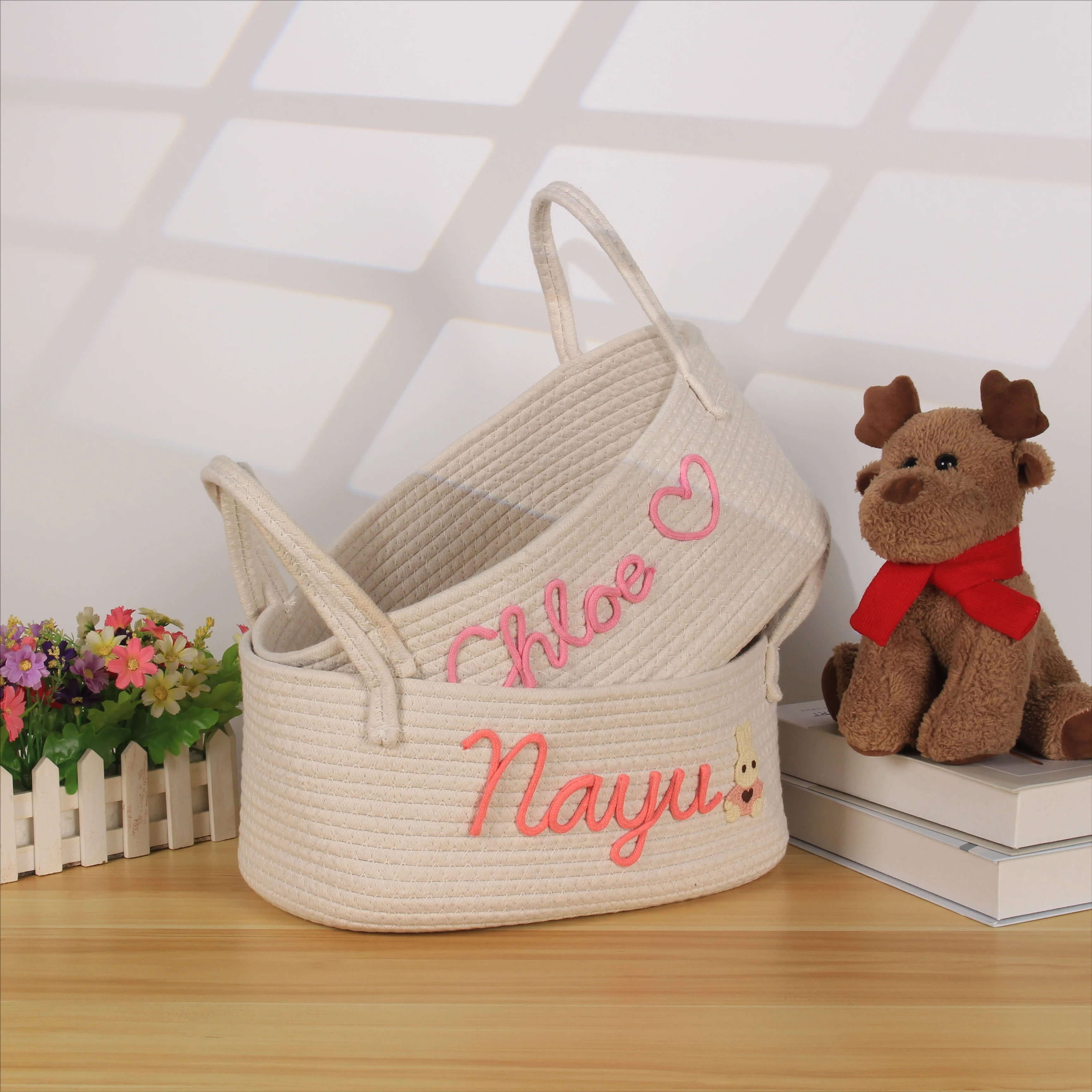 

Personalized Hand Woven Cotton Storage Bag Baby Shower Basket Custom Unique Name Large Capacity Candies Clothes Toys Foldable