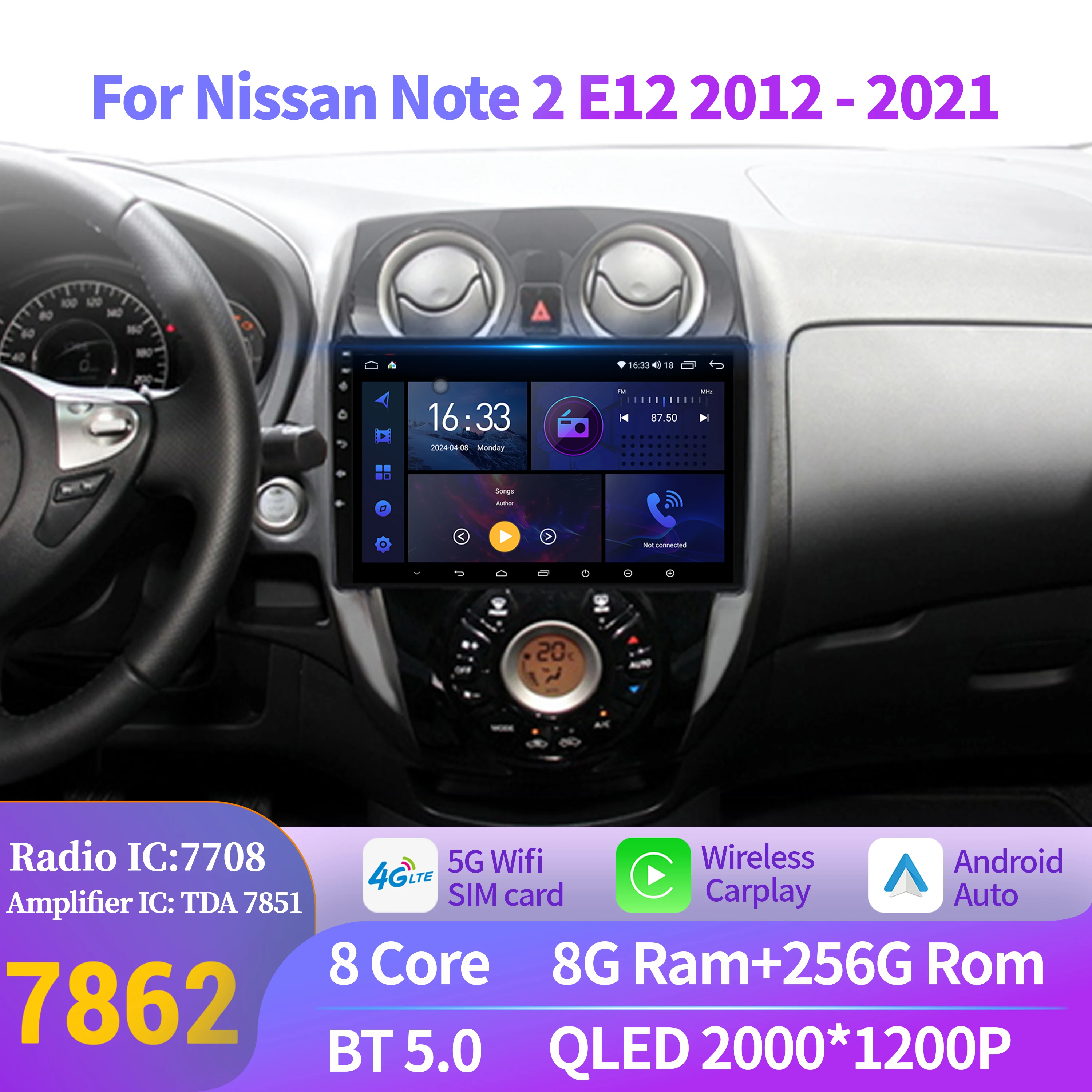 For Nissan Note 2 E12 2012-2021 Car Radio Multimedia Navigation 4G GPS Wireless CarPlay Android 14 7862S 8G 256G 2K QLED Screen
