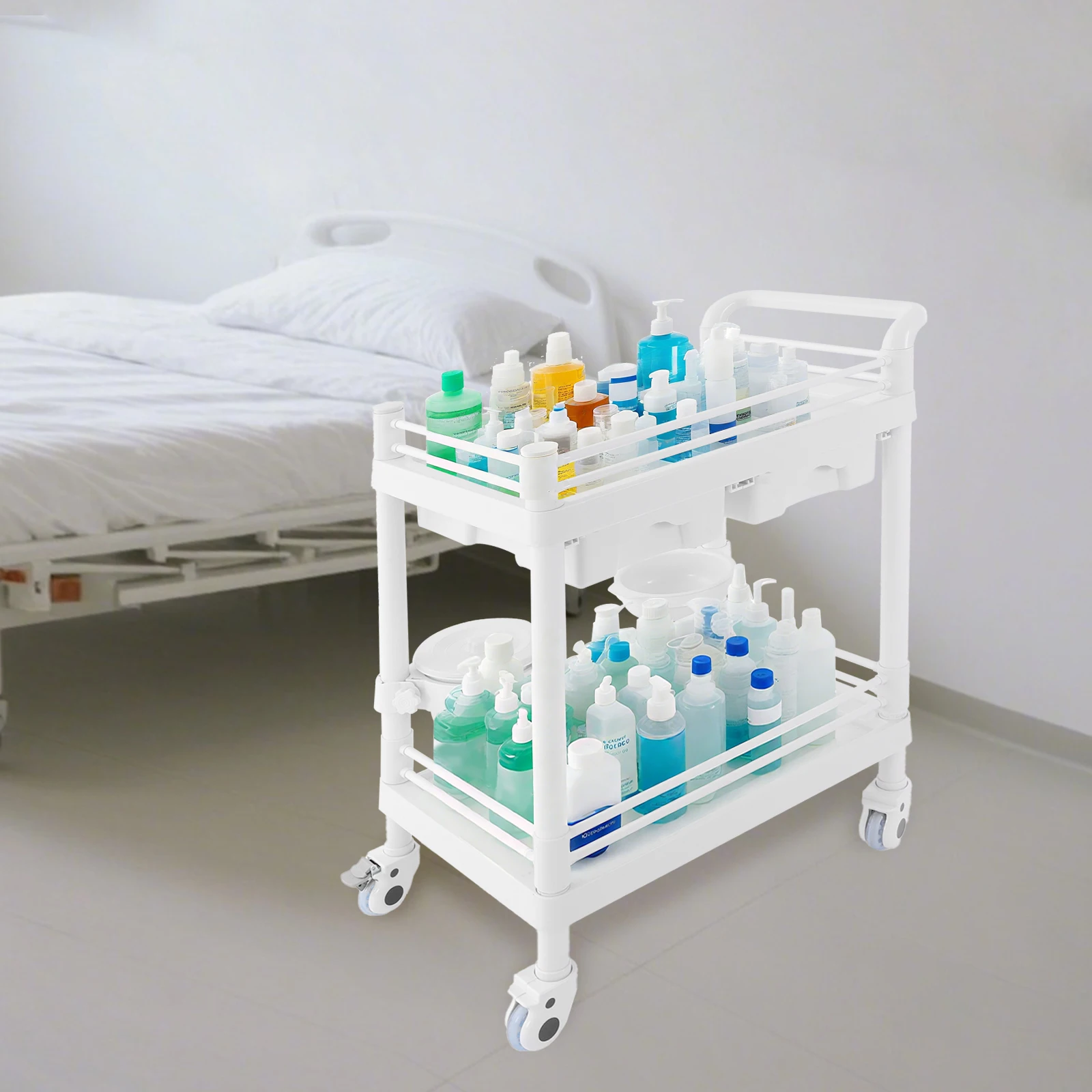 

Medical Cart, Mobile Trolley Cart, Laboratory Trolley with 2 Shelves, 2 Drawers and 4 Wheels