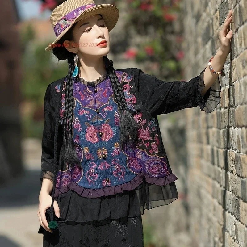 

2025 chinese improved blouse vintage hanfu tops national flower embroidery lace patchwork blouse oriental ethnic folk blouse