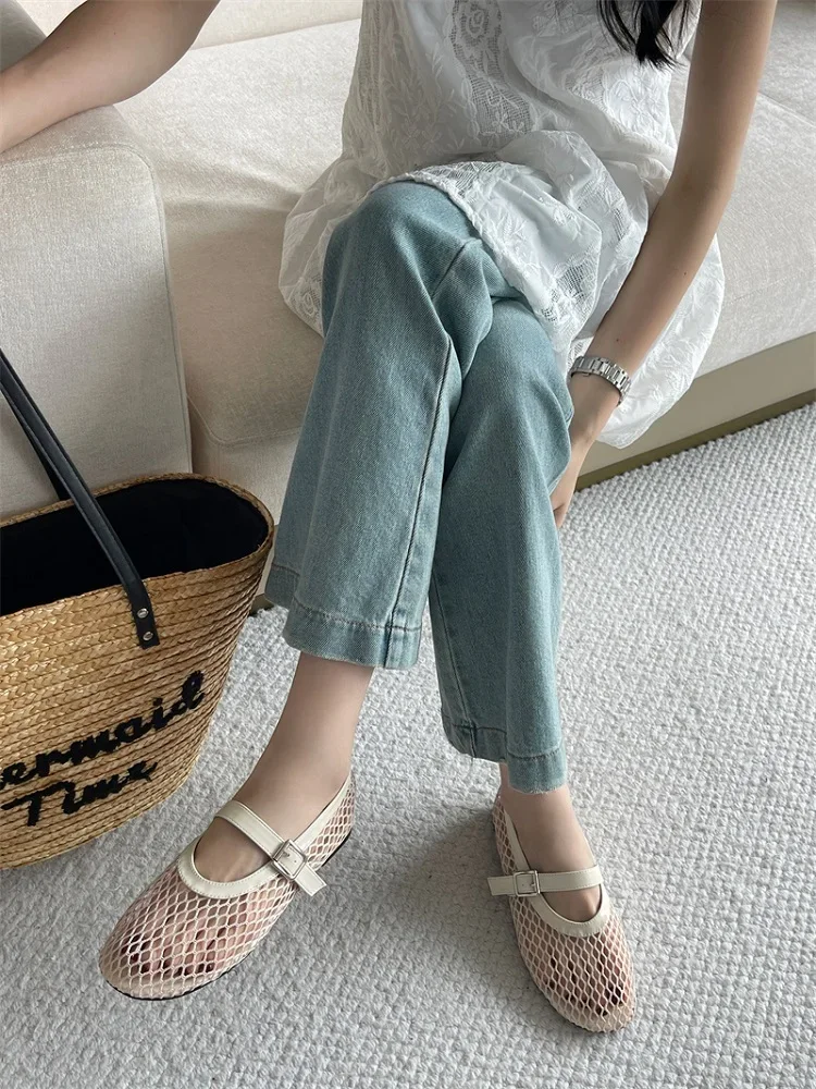 Eilyken Summer Designer Cosy Mesh Heels Women Flat Shoes Fashion Round Toe Buckle Strap Casual Outdoor Dress Sandals