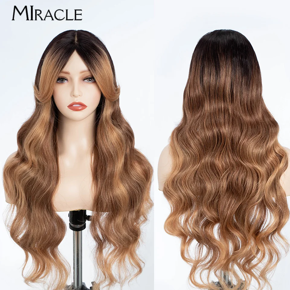 MIRACLE Synthetic Lace Front Wig With Bangs 28'' Body Wave Middle Part Lace Wig for Women Ombre Brown Cosplay Wigs Fake Hair