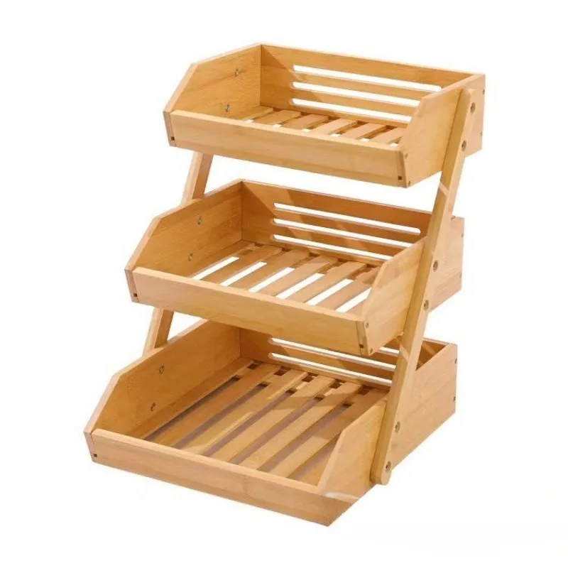 Bamboo Wood Three-tier Fruit and Vegetable Basket Assembled Kitchen Drain Rack Multilayer Food Storage Organizer