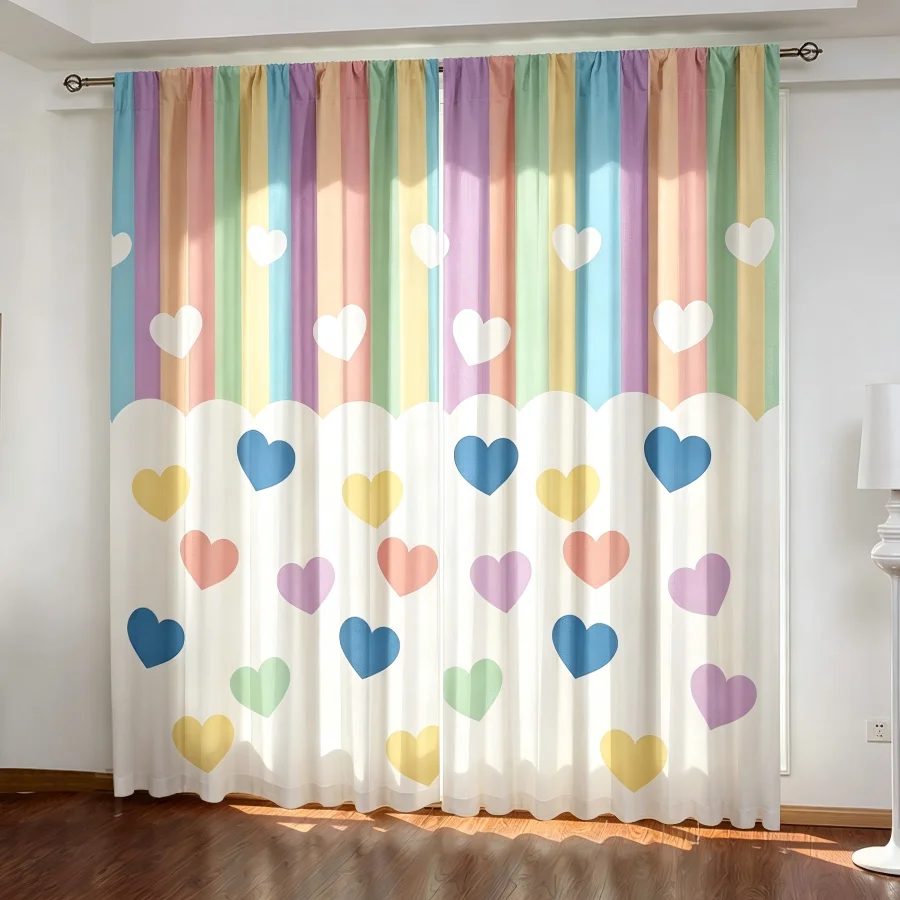 2PCS Digital Print  Curtain, Colorful Hearts Vertical Stripes, Modern Home Decor  Curtain for Bedroom Living Room
