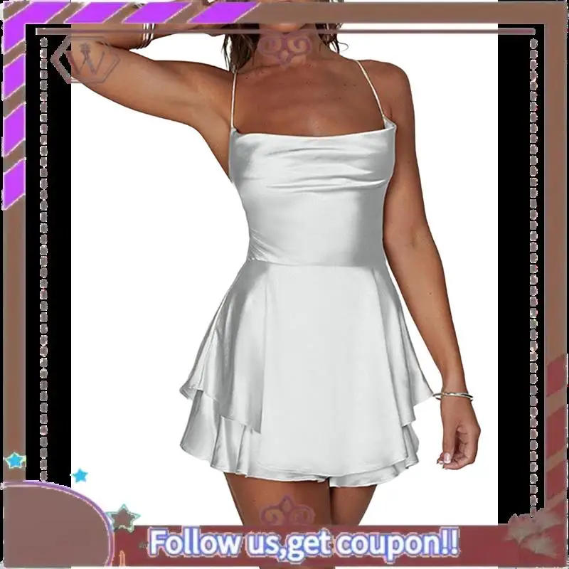 A95D-여성용 우아한 새틴 A라인 여름 민소매 밴디지 백 스파게티 스트랩 티어드 점프수트