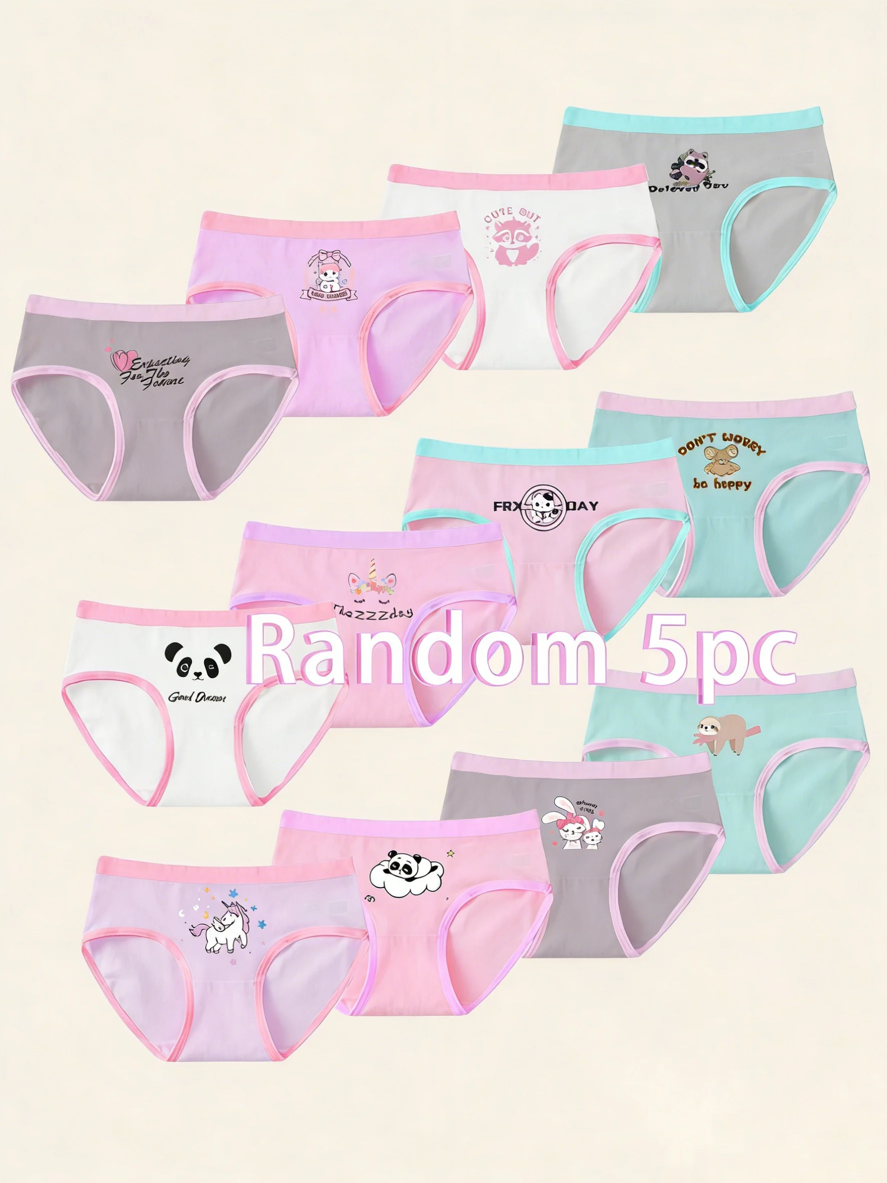 

Random 5-Piece Set of Girls' Children's Underwear in Macaron Color Scheme with Contrasting Colors, Featuring Cute Panda and Unicorn Animal Prints, Triangle Briefs