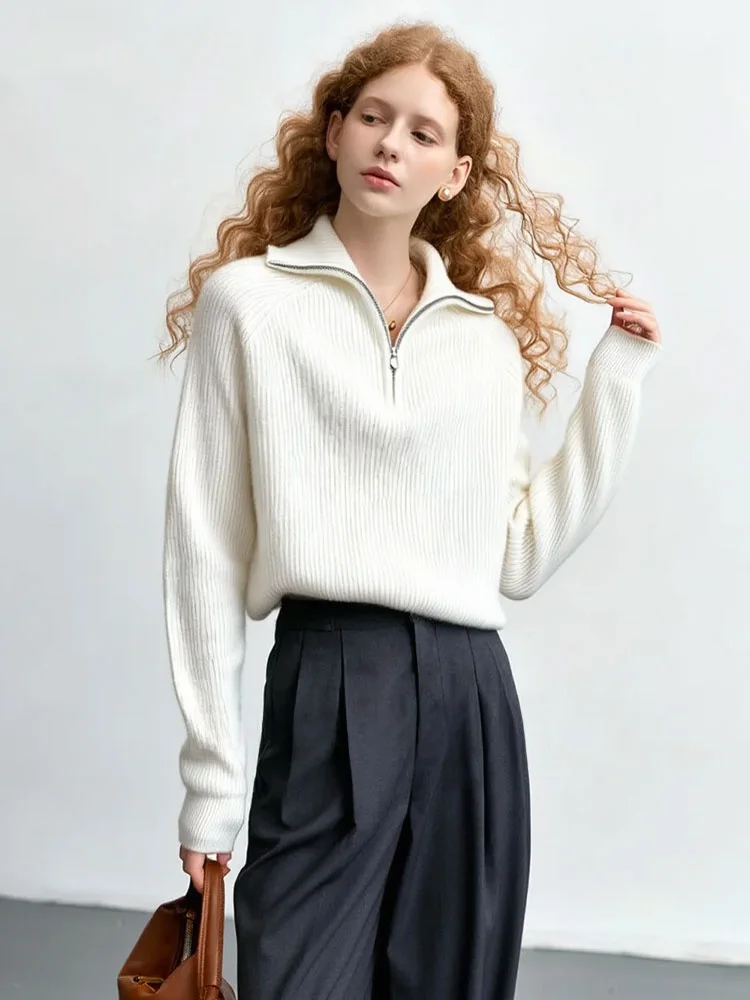 

Soft Texture f Zip Knitted Sweater White Women's Casual Comfortable Winter New Arrival Faion French Sle Knitwear
