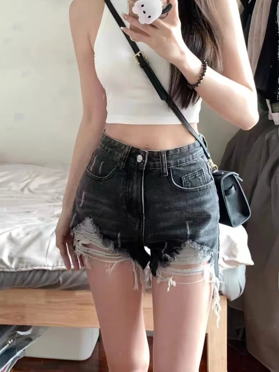 plus Size Denim Shorts Women's Loose Fit Summer New Style High Waist A-Line Hot Pants Tear Design Casual Fashion plus Size