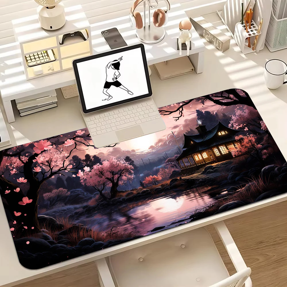 Anime Gaming Large Mousepad,Sakura Blooms Mousepad, Gamer Computer Non-Slip Rubber XXL Keyboard Mat, Aesthetic Decor Desk Mat