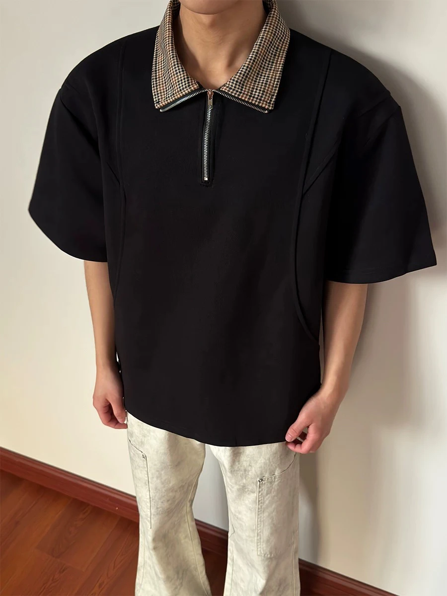 

American Retro Plaid Splicing f Zip irt ort Sve Men's T-irt Summer Casual Design Loose Fit Basic Sle