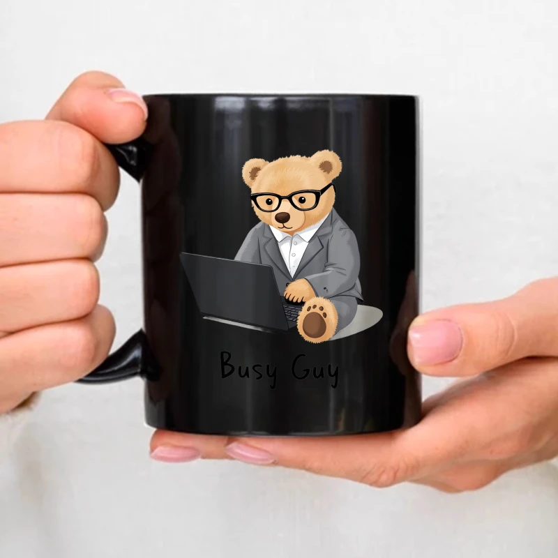 Ceramic mugs, black bear in a suit holding a laptop and busy men's text, office work coffee mugs for desktop use