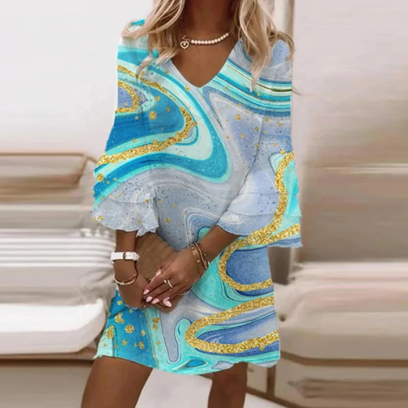 Image 7: Robe de plage à manches évasées pour femmes, robe de soirée patchwork, col en V, imprimé vintage, robe trapèze, mode Boho