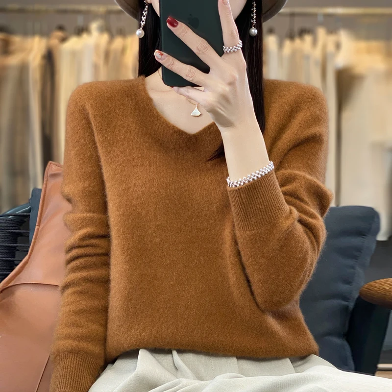 

Chic Exquisite Women's 100% Merino Wool Knitwear Basic Pullovers V-Neck Casual Basic Soft Solid Long Sleeve Sweater Tops