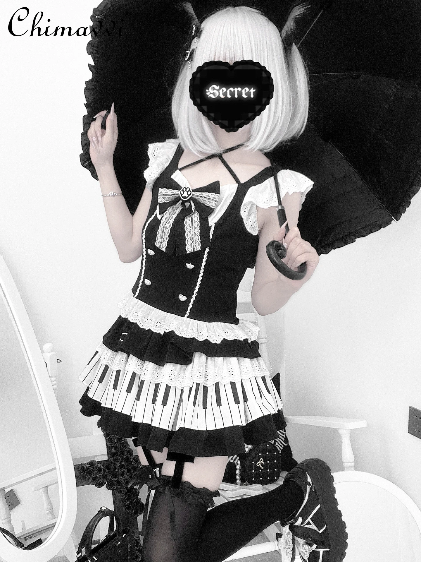 Original New Japanese Subculture Cute Bow Sleeve Top + Short Skirt Two-piece Set 2025 Summer Dark Girls Women Y2k Outfits