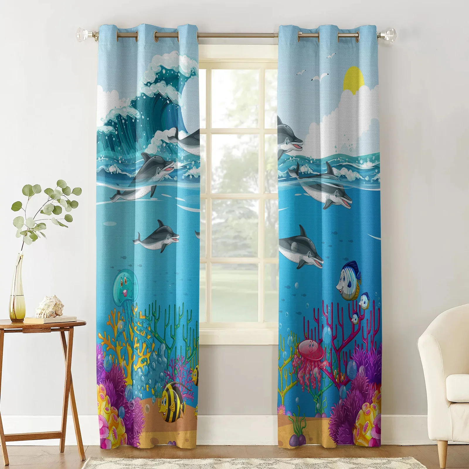 Cartoon Dolphin Fish Waves Curtains For Living Room Modern Window Curtains For Bedroom Curtains Drapes Blinds