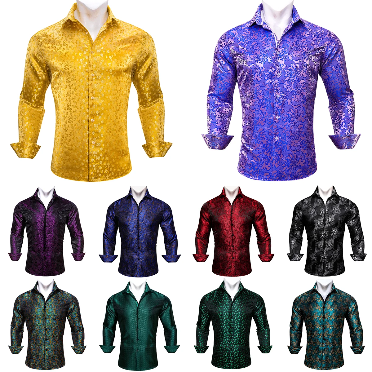 Luxury Men's Shirt Embroidered Silk Slim Casual Gold Blue Purple Black Red Green Paisley Flower Long Sleeve Barry Wang Men Cloth