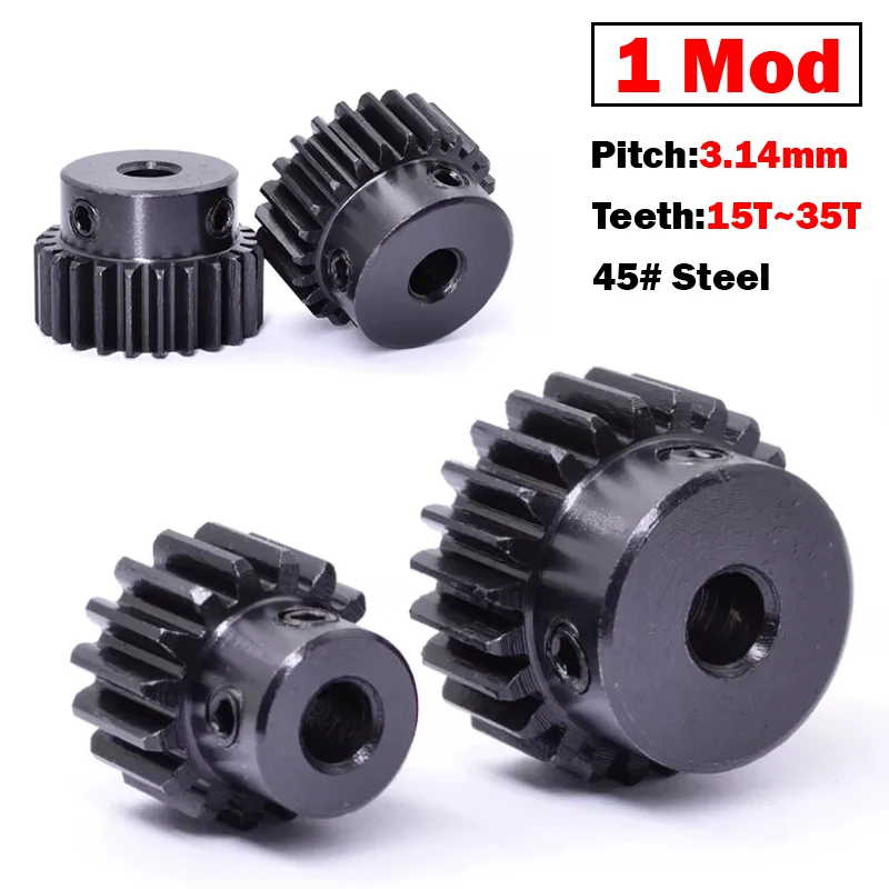 1PCS High Precision 1 Mod 15Teeth-35Teeth Spur Gear 45# Steel Pinion Gear With Step Bore 4/5/6/6.35/7/8/10/12/14/15mm Blackened