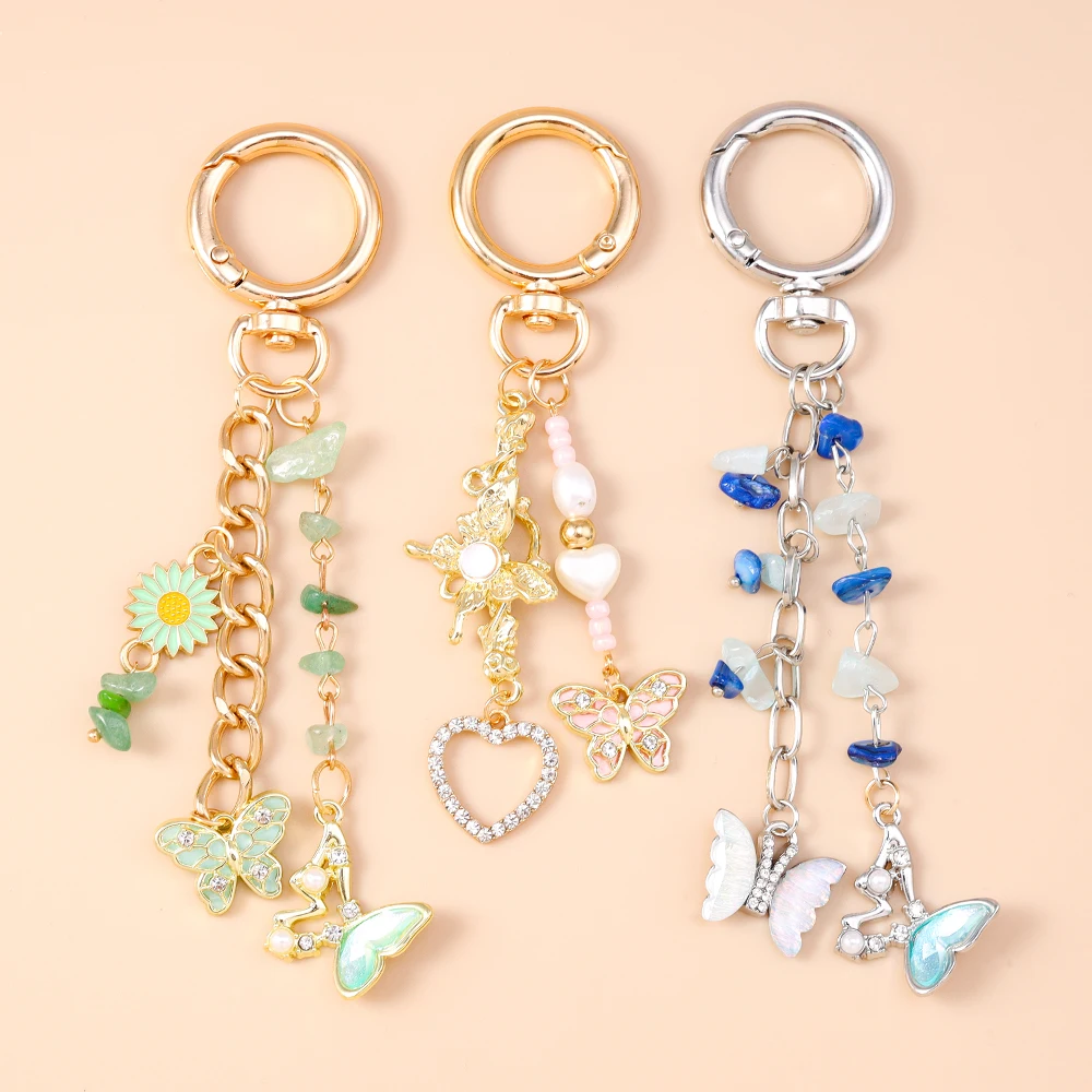 

Cute Butterfly Keychain Crystal Pearl Key Ring Pendants for Women Girls Handbag Decor DIY Handmade Key Chain Gifts